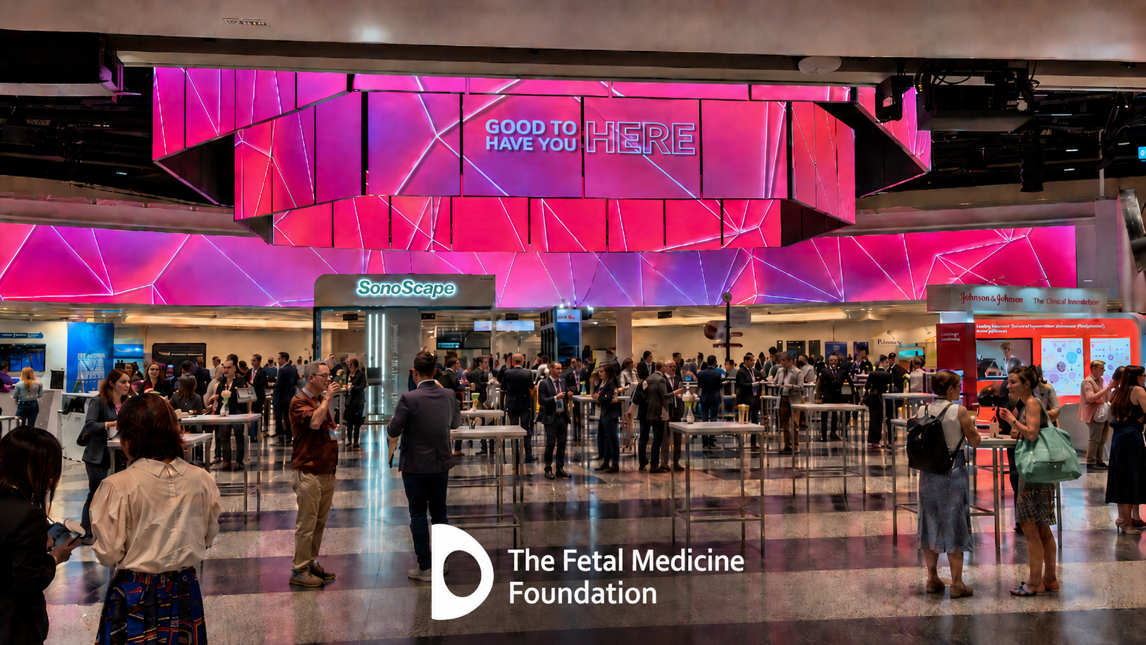 International medical congress hall with attendees and Fetal Medicine Foundation branding
