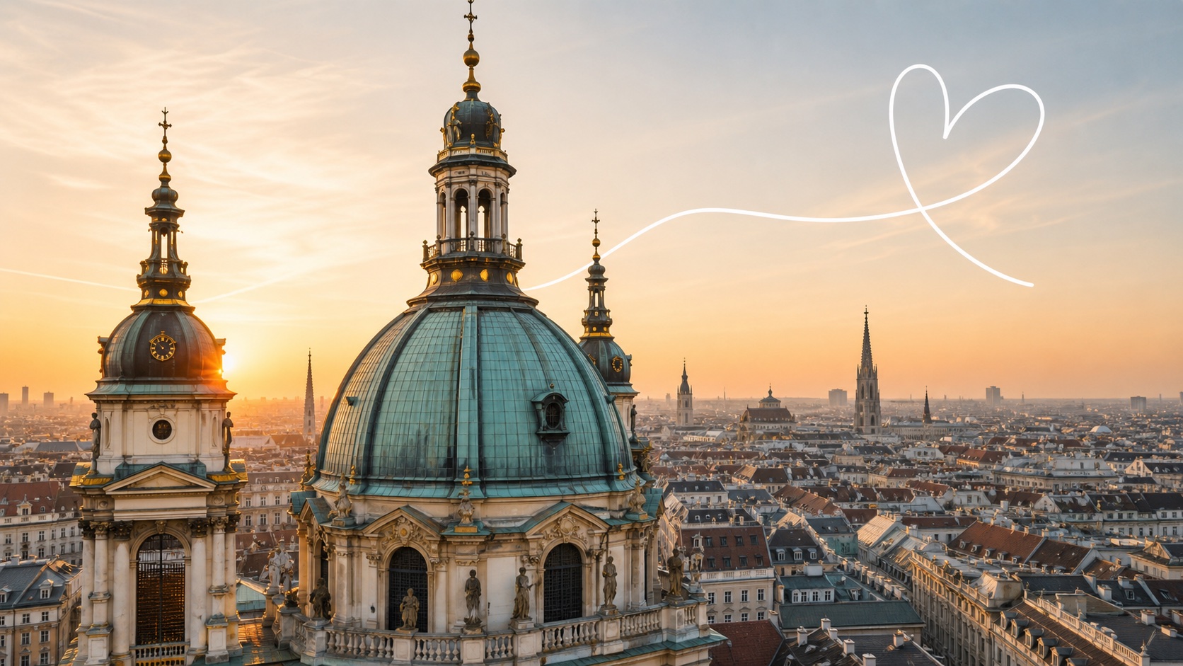 Warm Vienna skyline with a cathedral dome and a white hand-drawn heart in the sky